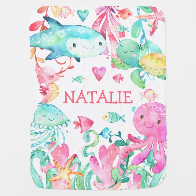 Under the Sea Ocean Cute Baby Girl Personalized Baby Blanket (Front)