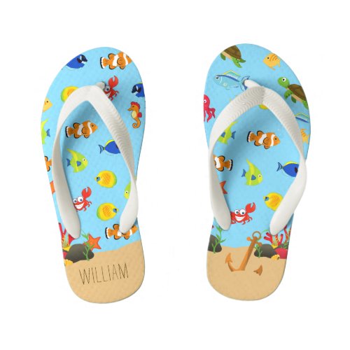  Under the Sea Ocean Fish and Anchor Child Name Kids Flip Flops