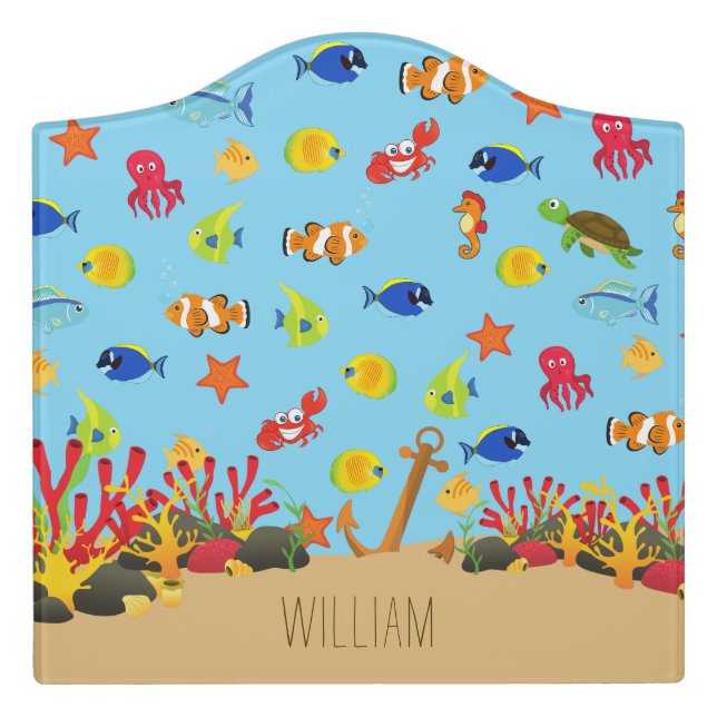 Under the Sea Ocean Fish and Anchor Kid Name Door Sign (Large Crest Front)