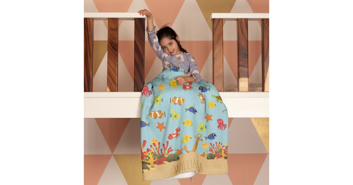Under the Sea Ocean Fish and Anchor Kid Name Fleece Blanket | Zazzle