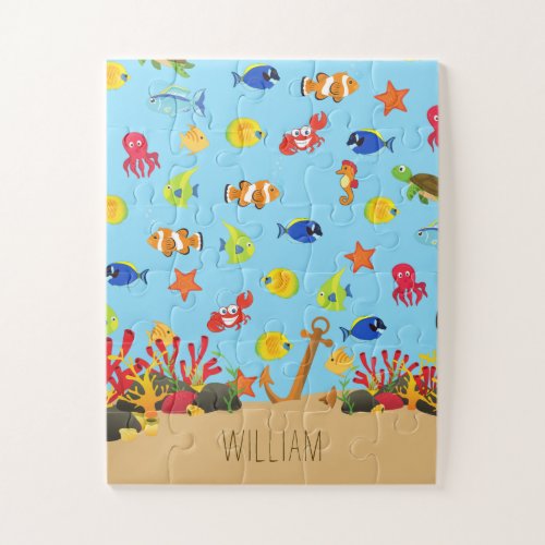 Under the Sea Ocean Fish and Anchor Kid Name Jigsaw Puzzle