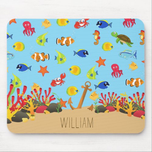 Under the Sea Ocean Fish and Anchor Kid Name Mouse Pad