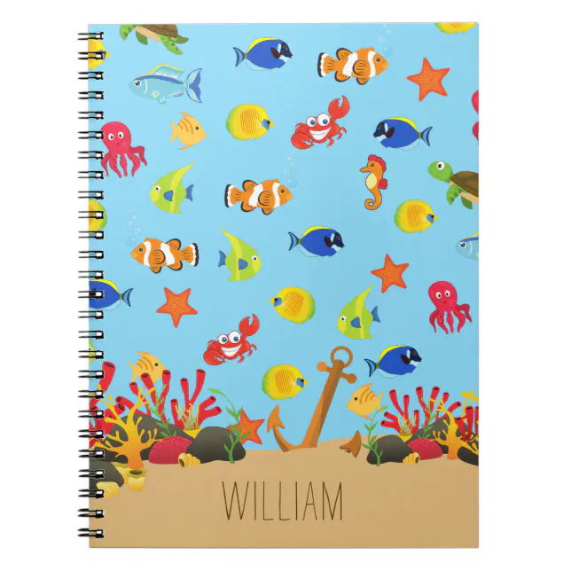 Under the Sea Ocean Fish and Anchor Kid Name Notebook | Zazzle