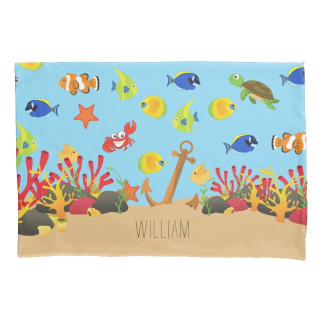 Under the Sea Ocean Fish and Anchor Kid Name Pillow Case (Front)