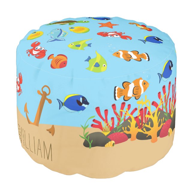 Under the Sea Ocean Fish and Anchor Kid Name Pouf (Angled Front)