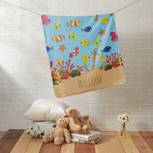 Under the Sea Ocean Fish and Anchor Name Baby Blanket