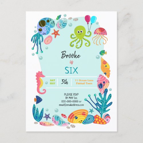 Under The Sea Ocean Kids Birthday Party Invitation Postcard