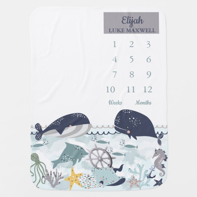 Under the Sea - Ocean Life Nautical Milestone Baby Blanket (Front)