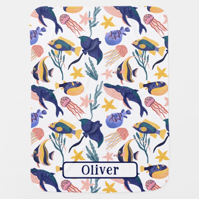 Under the Sea Ocean Navy Personalized Baby Blanket (Front)