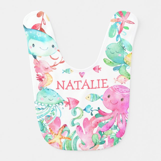 Under the sea Ocean Pink Teal Baby Girl Baby Bib (Front)