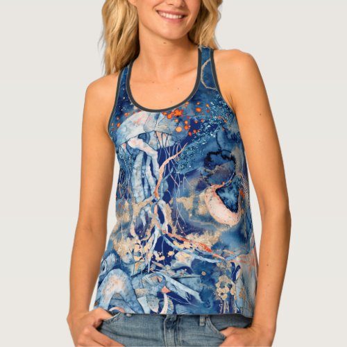 Under the sea ocean reef creatures blue orange tank top