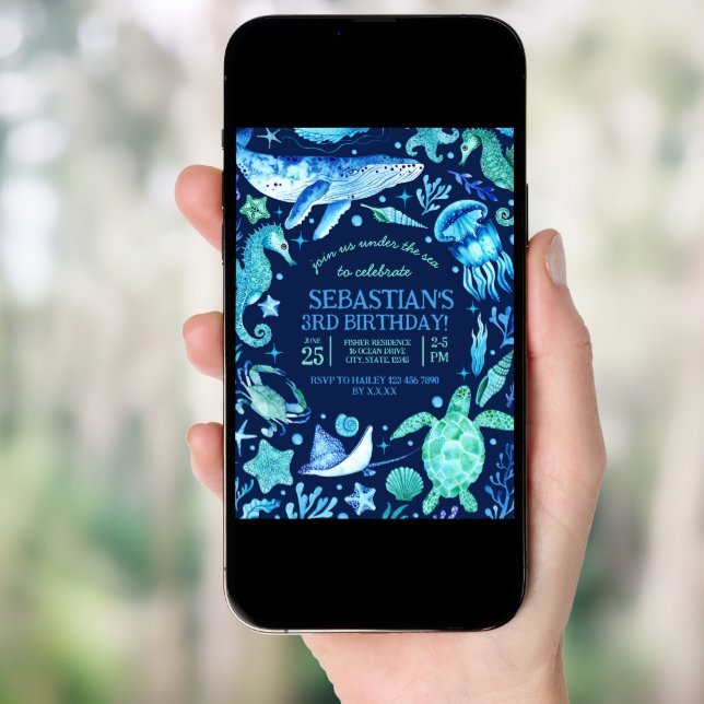 Under The Sea Ocean Sea Animal Dark Blue Birthday Invitation (Front Digital)