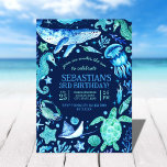 Under The Sea Ocean Sea Animal Dark Blue Birthday Invitation<br><div class="desc">This under the sea ocean sea animals invitation design features a circular wreath of hand painted watercolor sea creatures in a color palette of blues and greens. There are whales, jellyfish, sea shells, coral, sea turtles, seahorses, starfish, stingrays, crabs and more. This design is intended for a 3rd birthday but...</div>