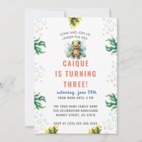 Under The Sea Ocean Turtle Boys Birthday Party  Invitation