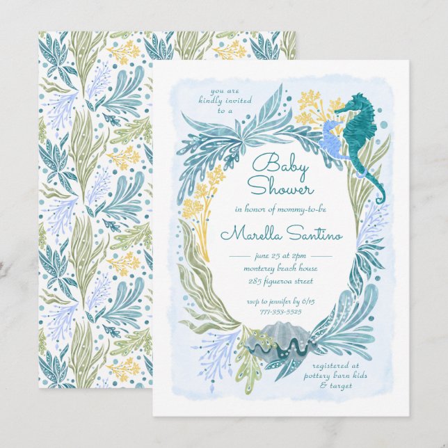 Under the Sea Ocean Waves Seahorse Baby Boy Invitation (Front/Back)