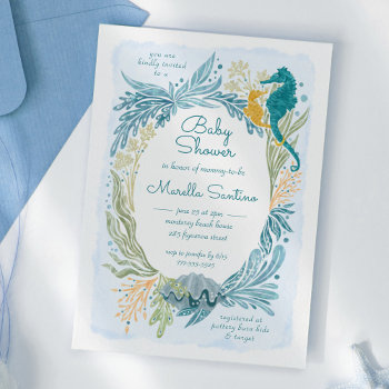 Under The Sea Ocean Waves Seahorse Baby Shower Invitation by pj_design at Zazzle