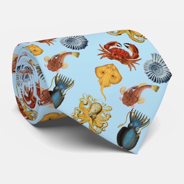 under the sea octopus, shells, crab. Aqua blue Neck Tie (Rolled)