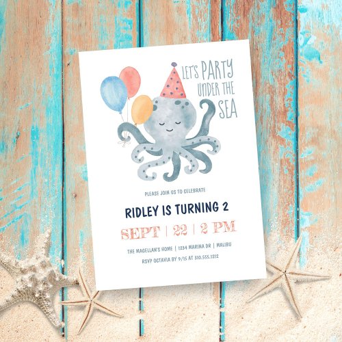 Under the Sea Octopus Watercolor Birthday Party Invitation