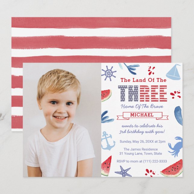 Under the Sea or Nautical 3rd Birthday Party Photo Invitation (Front/Back)