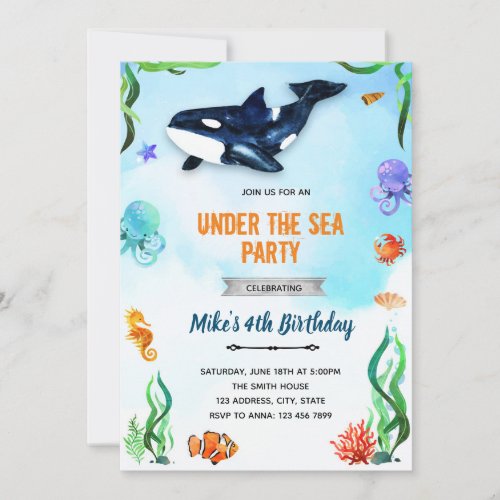 Under the sea orca birthday invitation