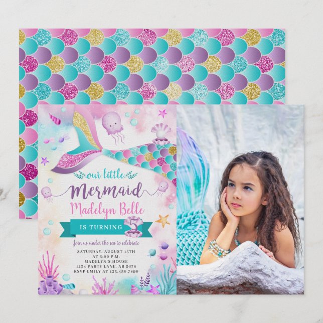 Under The Sea Our Little Mermaid Birthday Photo Invitation (Front/Back)