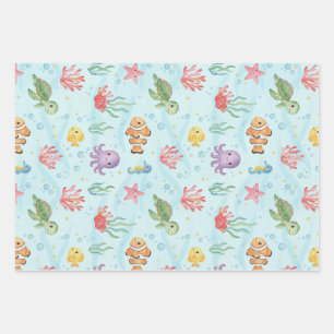 Under the Sea Party Colourful Ocean Creatures Wrapping Paper Sheets