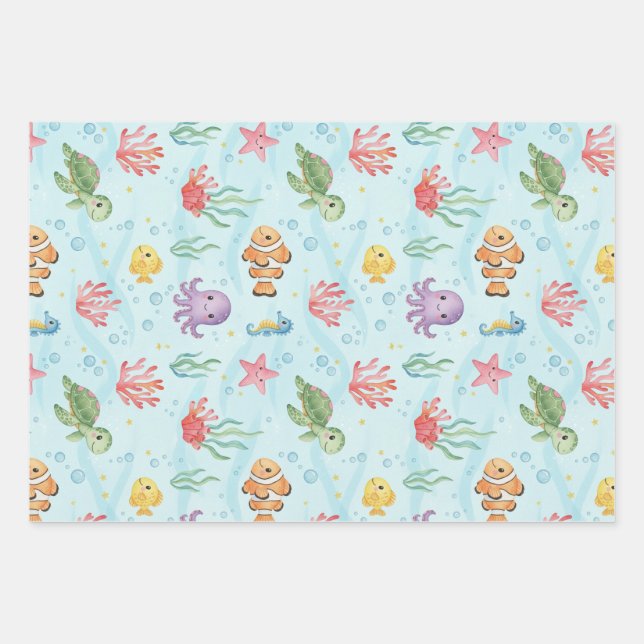 Under the Sea Party Colourful Ocean Creatures Wrapping Paper Sheets (Front)