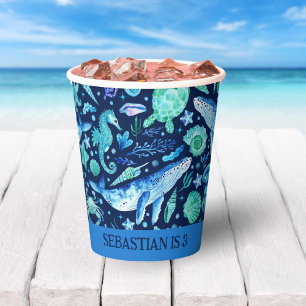 Under the Sea Party Ocean Animals Watercolor Navy Paper Cups