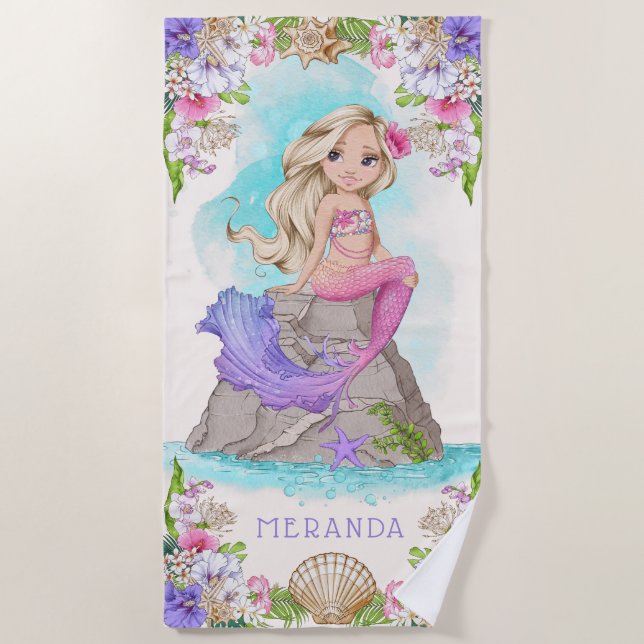 Under the Sea Pink and Purple Mermaid (Blonde)  Beach Towel (Front)