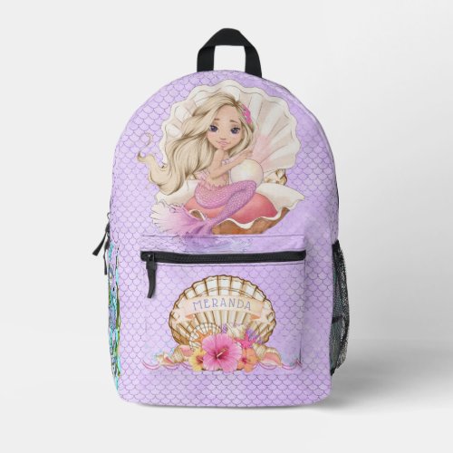 Under the Sea Pink and Purple Mermaid Blonde  Printed Backpack