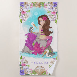 Under the Sea Pink and Purple Mermaid (Brunette) B Beach Towel
