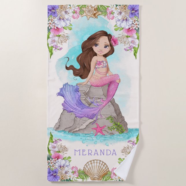 Under the Sea Pink and Purple Mermaid (Brunette) Beach Towel (Front)