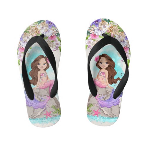 Under the Sea Pink and Purple Mermaid Brunette Kids Flip Flops