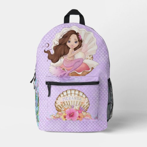 Under the Sea Pink and Purple Mermaid Brunette  Printed Backpack