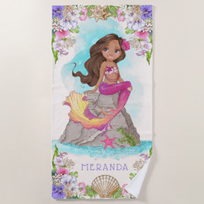 Under the Sea Pink and Purple Mermaid (Dark Skin)  Beach Towel