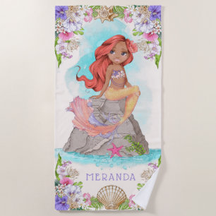 Under the Sea Pink and Purple Mermaid (Dark Skin) Beach Towel