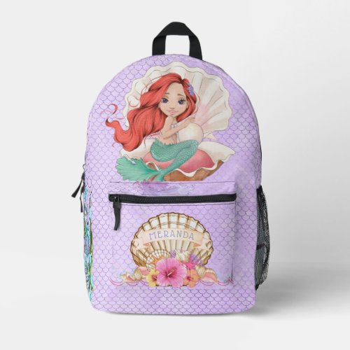 Under the Sea Pink and Purple Mermaid Red Hair Printed Backpack