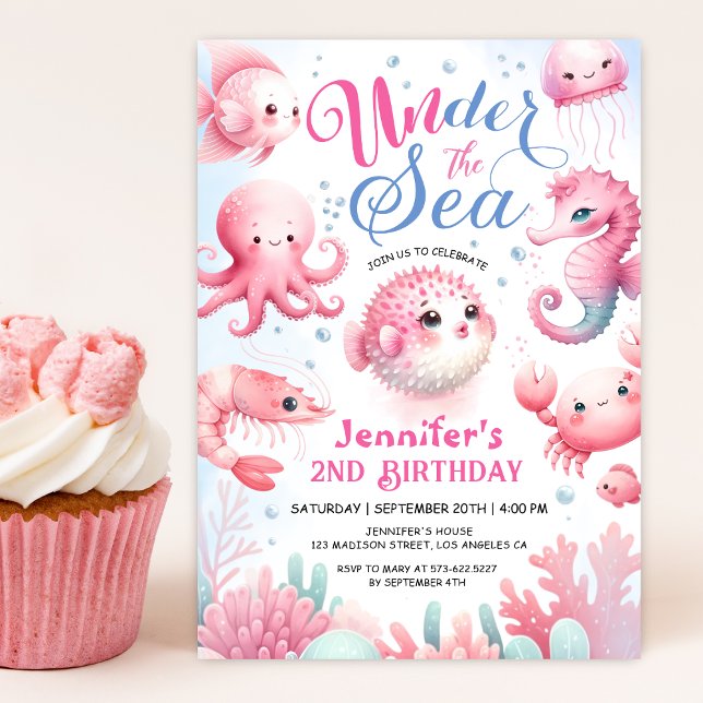 Under The Sea! Pink Cute Ocean Girl 2nd Birthday Invitation (Creator Uploaded)