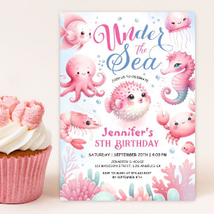 Under The Sea! Pink Cute Ocean Girl 5th Birthday Invitation