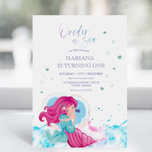 Under the Sea Pink Mermaid Ocean Girly 1st Invitation