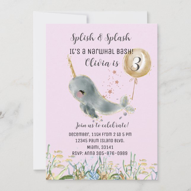 Under the Sea Pink Narwhal Birthday Invitation (Front)