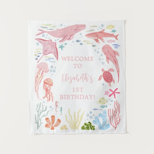 Under The Sea Pink Ocean Aniamls Birthday Tapestry (Front)