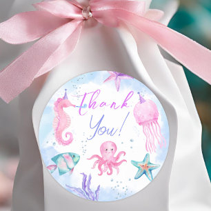Under The Sea! Pink Ocean Girl Birthday Party Classic Round Sticker