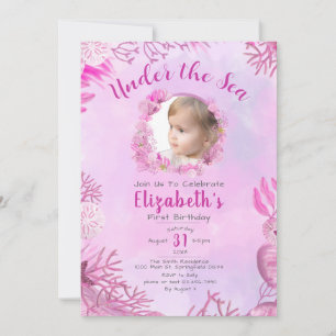Under the Sea Pink Photo Girl 1st Birthday Party Invitation