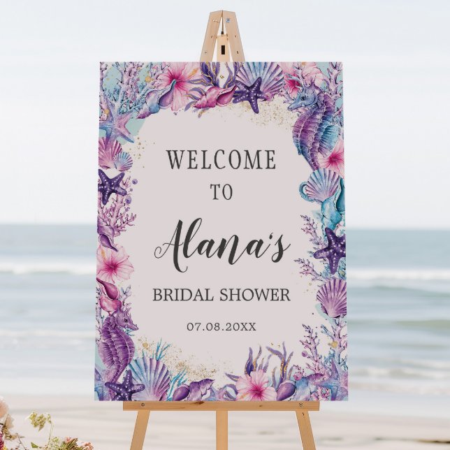 Under the Sea Pink Purple Bridal Shower Welcome Foam Board (purple-pink-under-the-sea-shells-seahorses-beach-ocean-shells-bridal-shower-welcome-sign-foam-board)