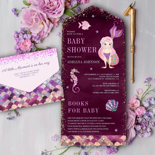 Under the Sea Pink Purple Mermaid Baby Shower All In One Invitation