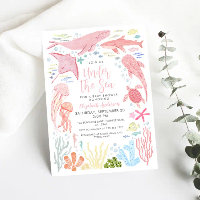 Under The Sea Pink Sea Aniamls Baby Shower Invitation | Zazzle