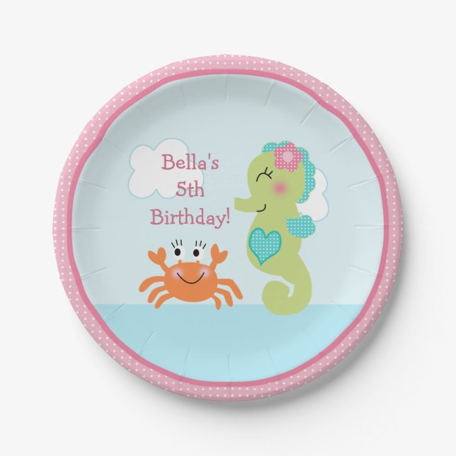 Under the Sea Pink Seahorse Crab Paper Plate (Front)