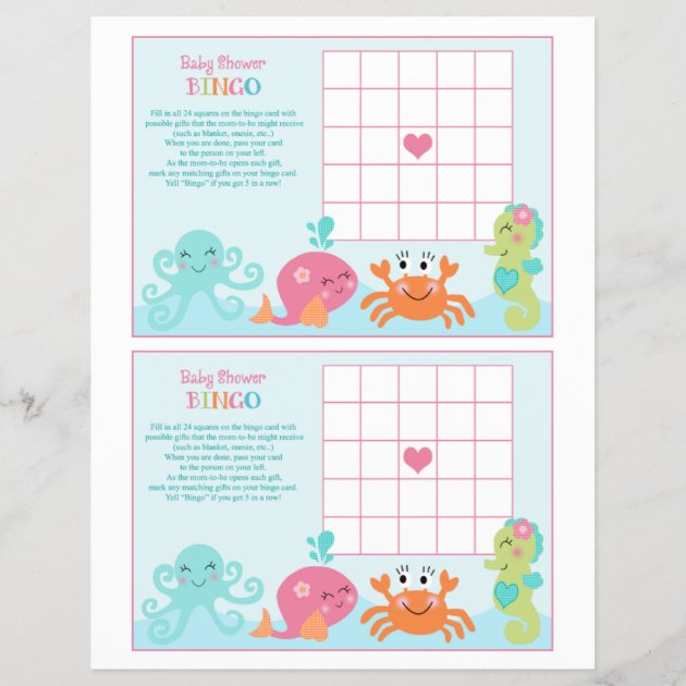 Under The Sea/Pink Whale "Baby Shower Bingo" Sheet