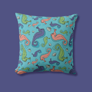 Under the Sea - Playful Seahorse and Shell Pattern Throw Pillow
